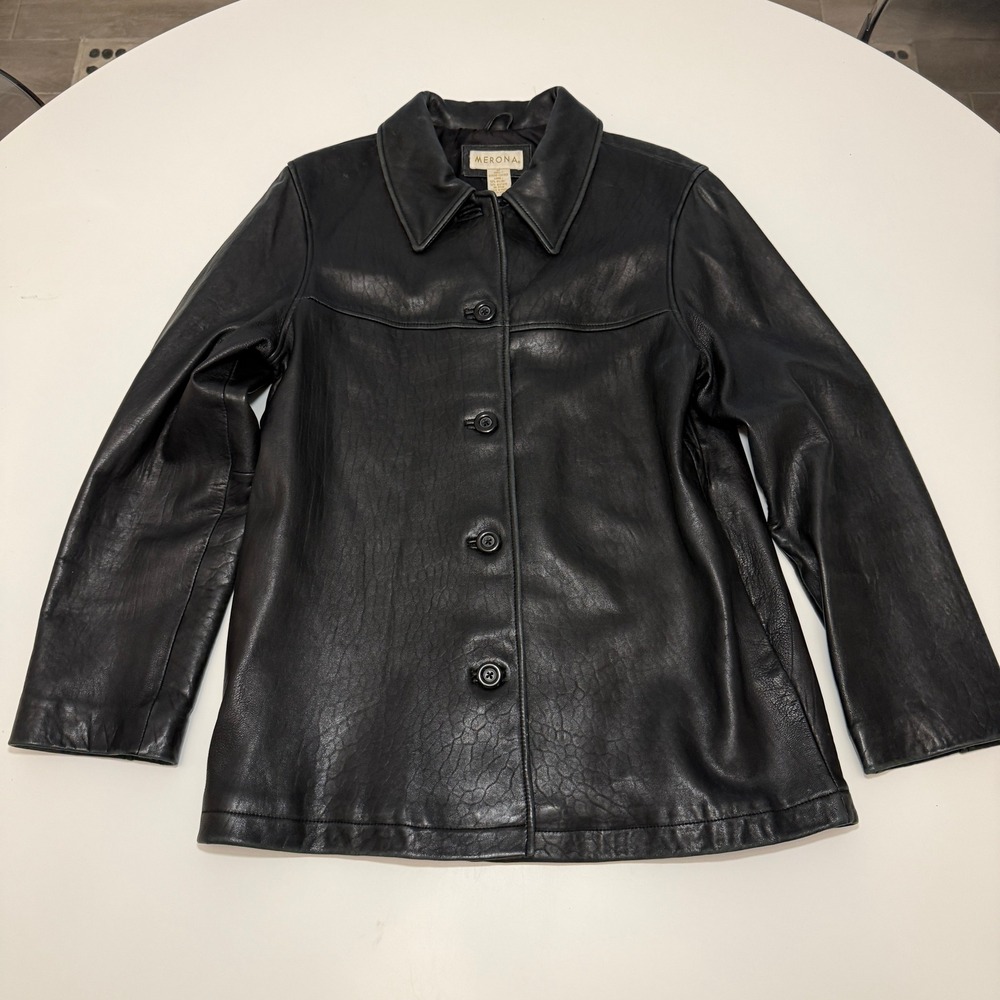 Merona Button Front RN 17730 Black Genuine‎ Leather Jacket Womens Medium